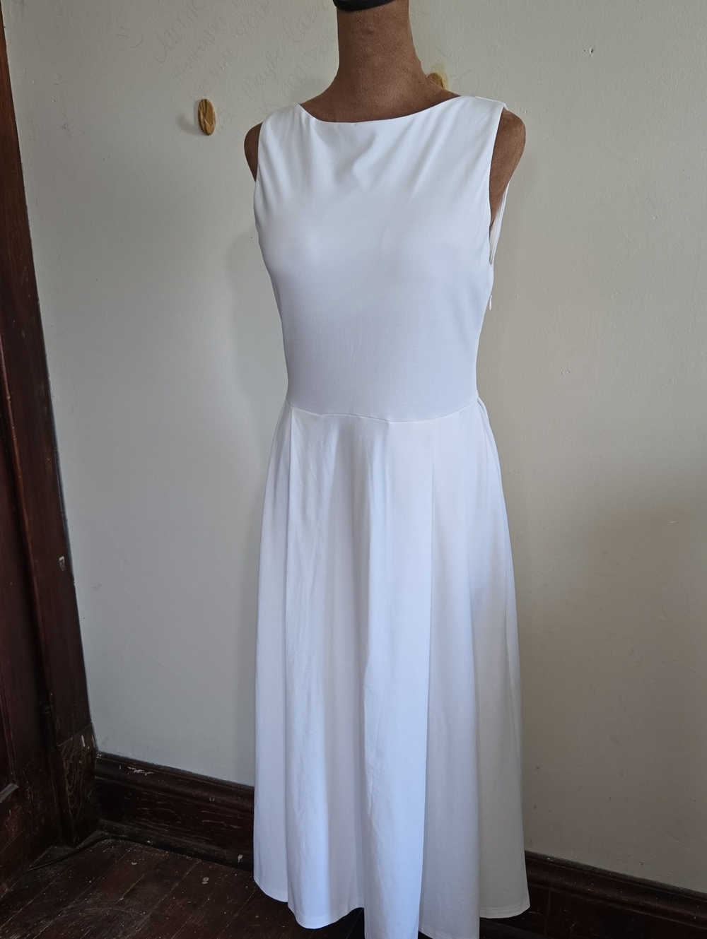 DR49 NWT OGL Sculpting Stretch Ponte Boatneck Midi Dress A-Line Shelf Bra Chic
